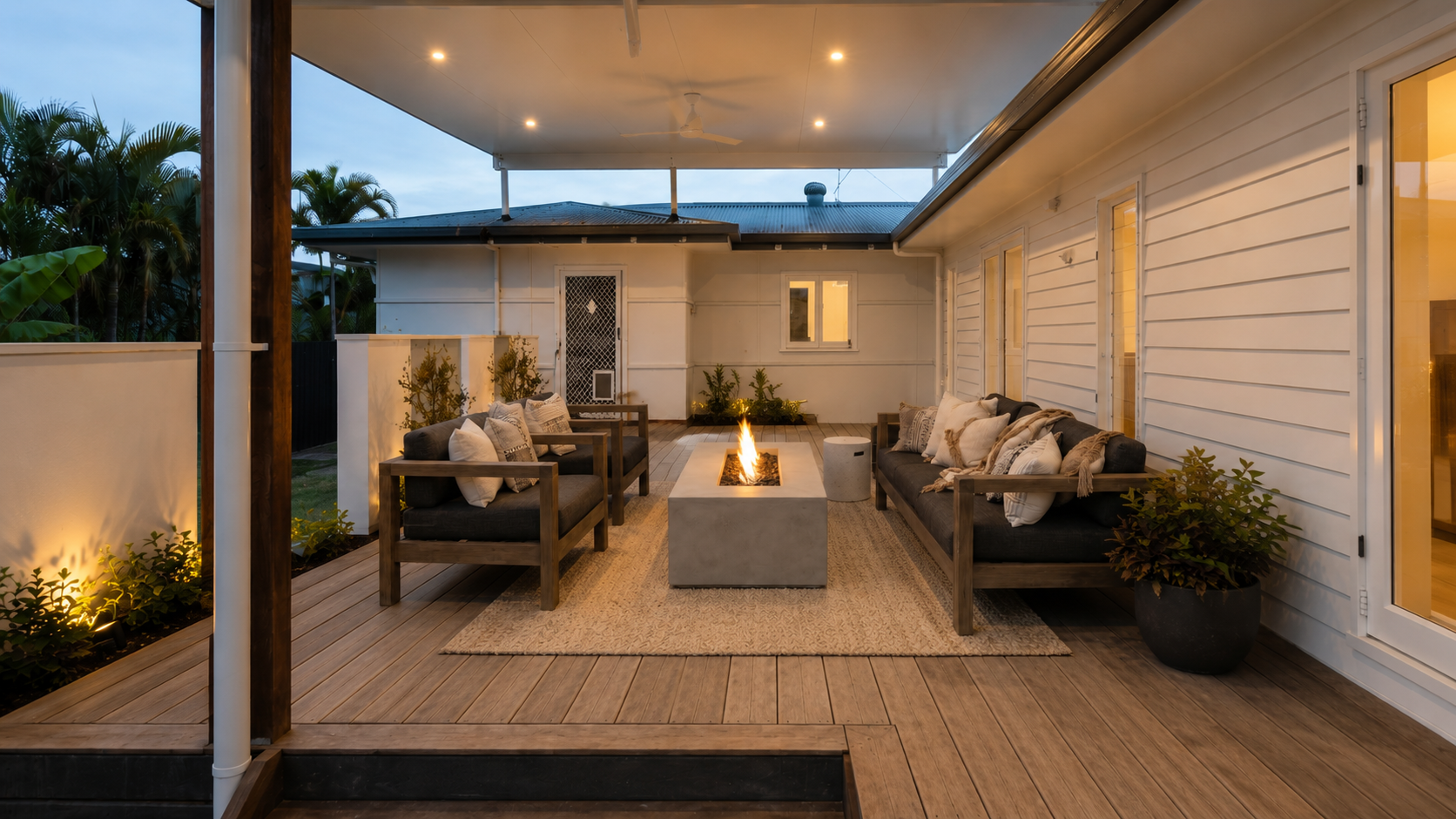 Covered timber deck with fire pit lounge at dusk on a renovated Gold Coast home.