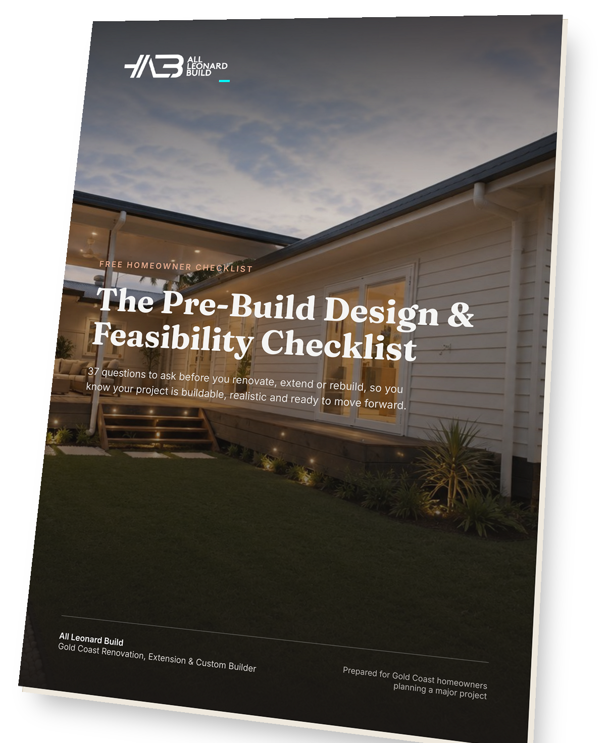 The Pre-Build Design and Feasibility Checklist cover, a free homeowner checklist by All Leonard Build.