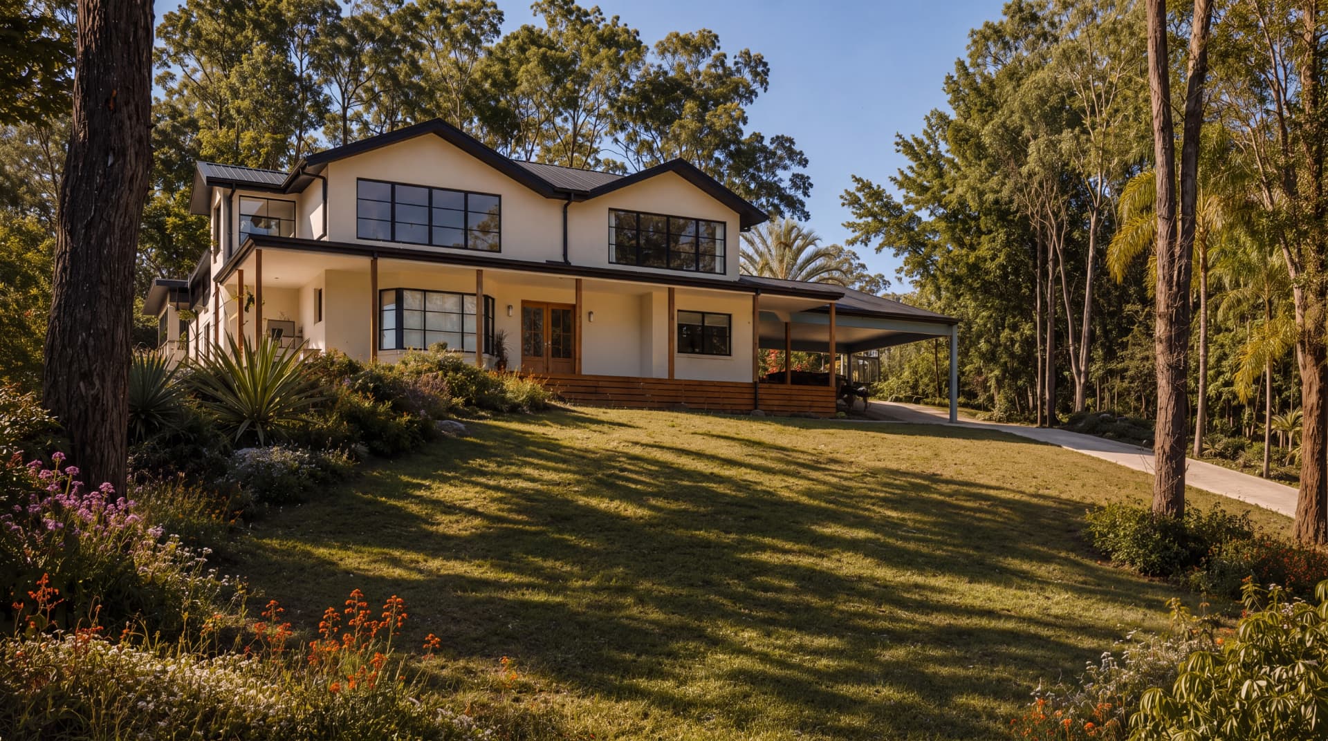Two-storey custom family home with dark roof, timber detailing and landscaped gardens surrounded by native bushland.